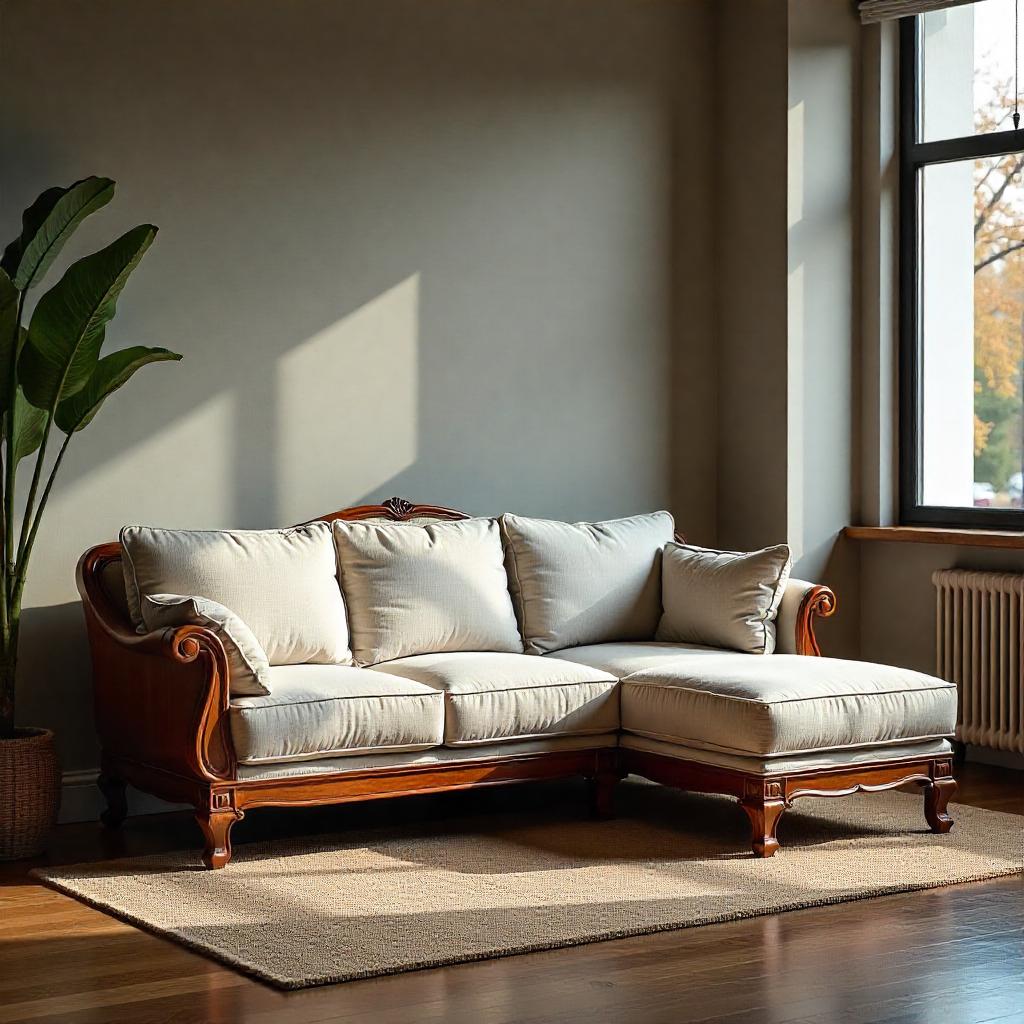 Antique-Style Sectional Sofa with Cream Cushions