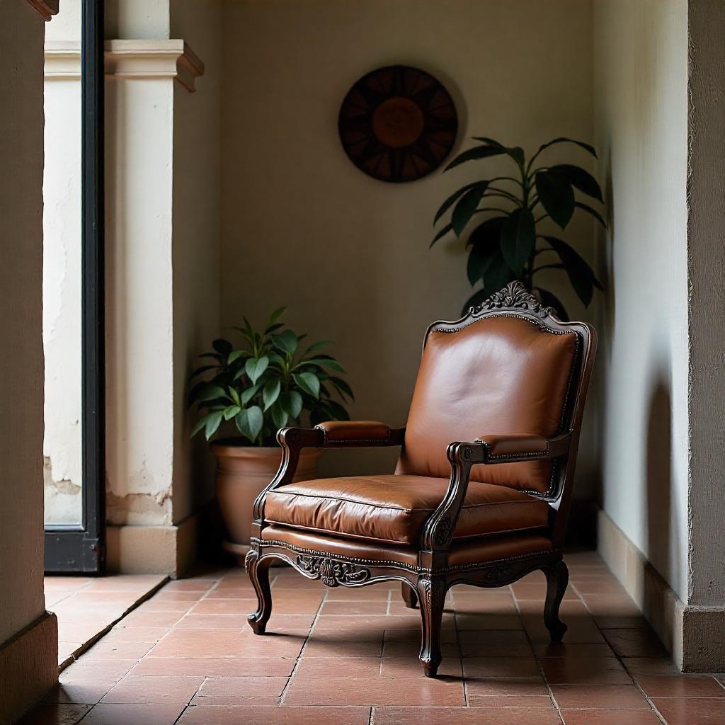 Classic Leather Armchair with Ornate Carving