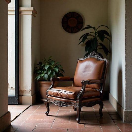 Classic Leather Armchair with Ornate Carving